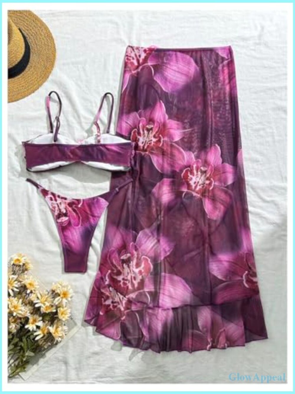 Women's 3 Piece High Cut Cheeky Bikini Set with Skirt Cover Up - Picture 2 of 5